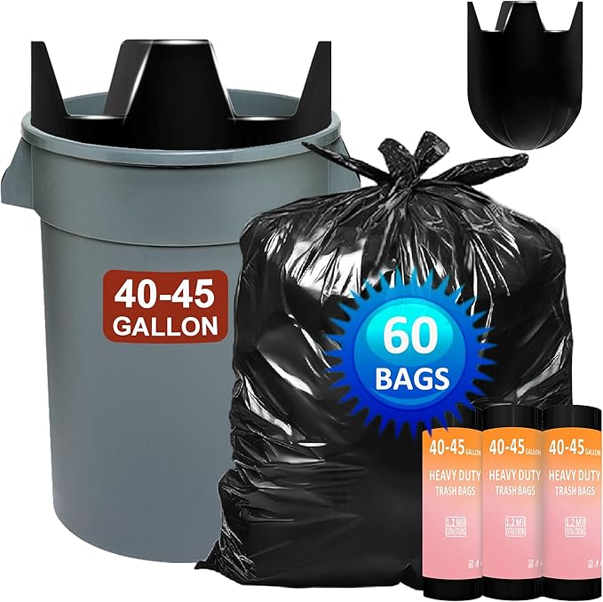 40-45 Gallon Heavy Duty Trash Bags 60 Count 1.2 Mil with 4 Innovative Flap Ties | Compatible with Rubbermaid Brute &amp Winco &amp Behrens 40-45 Gallon Round Trash Can | Tear &amp Leak Resistant Bl
