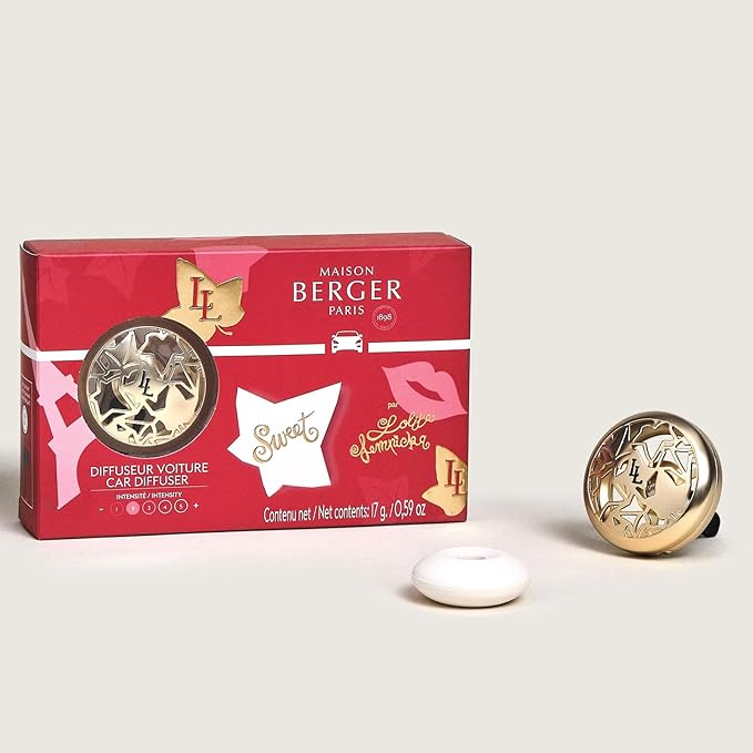 Maison Berger Luxury Car Diffuser Set Lolita Lempicka Sweet – Refillable Vent Clip with Ceramic Refill 4-Week Passive Diffusion Gourmand Fruity Scent Made in France