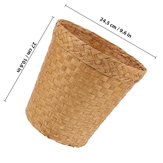 Woven Trash Bin Natural Straw Wastebasket Multi-Function Handwoven Paper Basket for Bathroom Office Desk Storage Organizer