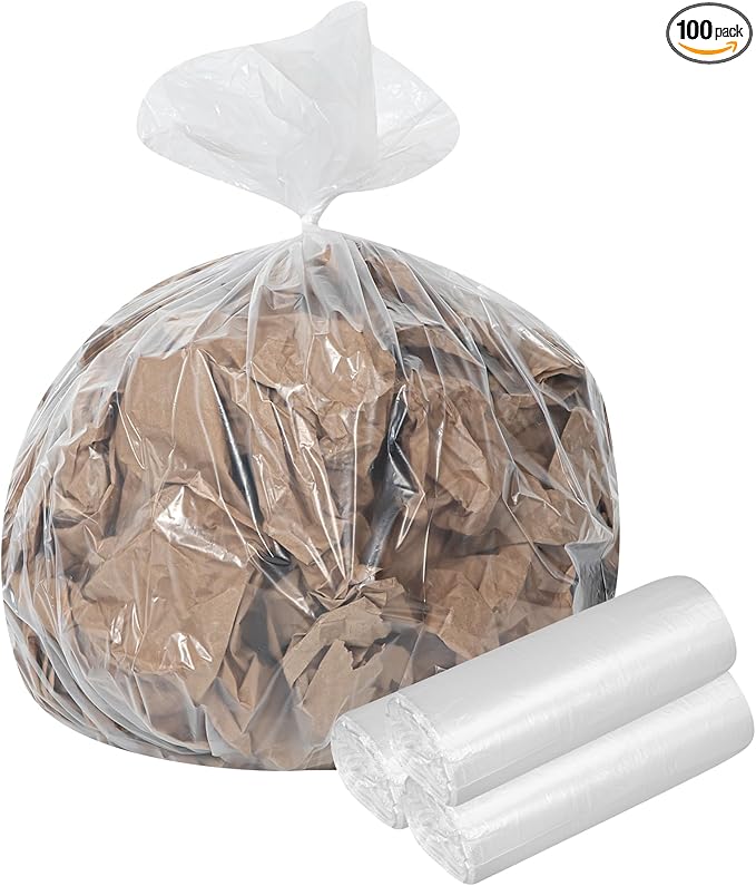 Restaurantware-RW Clean 33 Gallon Trash Bags 100 Medium-Duty Garbage Can Liners- Fits 33-39 Gallon Trash Cans Stretchable Clear Plastic Bin liners with Star Seal Bottom