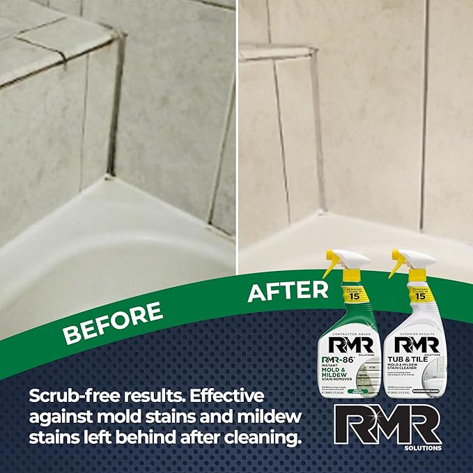 RMR Mold Stain Eraser Max Pack – No-Scrub Tub &amp Tile Cleaner + Instant Mold &amp Mildew Stain Remover Spray Indoor/Outdoor Bathroom Shower Siding &amp Deck Cleaning Kit 2–32 Oz Bottles