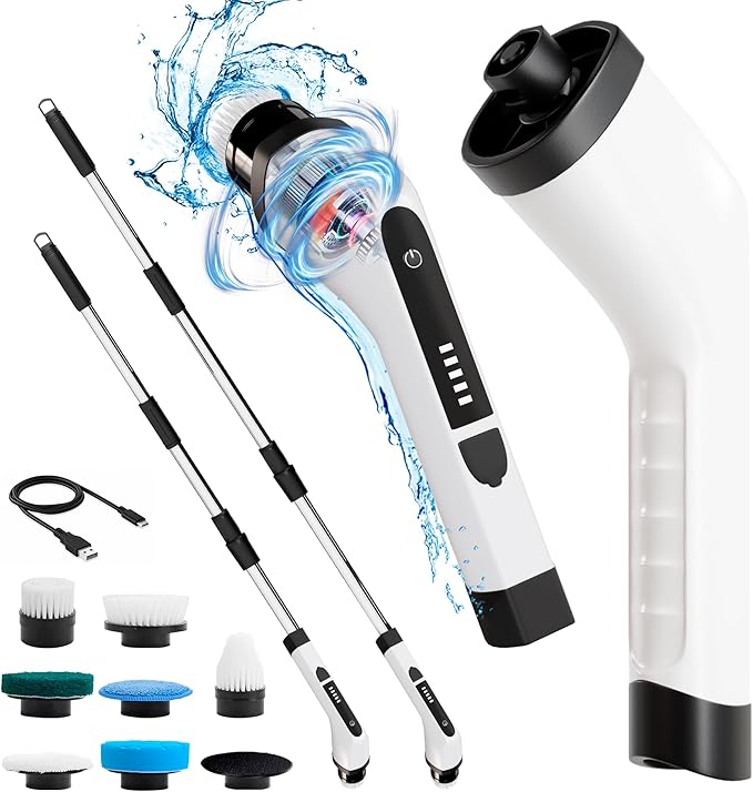 7-in-1 Electric Bathroom Scrubbing Brush 2500 mAh. Telescopic Bathtub Scrubber with Long Handle. Powerful Electric Bathtub Scrubber. Portable Power Brush for Cleaning Bathroom Kitchen Car