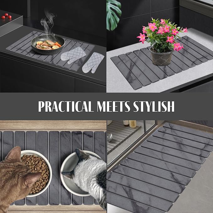 2 PCS Extra Large Stone Dish Drying Mat for Kitchen Counter 28×16 Marble Dish Drying Mat with 8x 4 Coasters Non - Slip Collapsible Absorbent Mat for Multi - Purpose Match Any Countertop