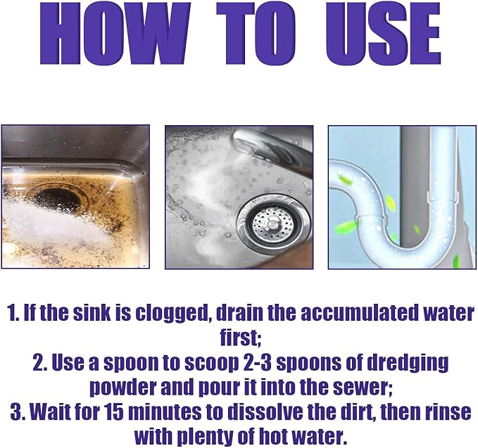 Drain Cleaner Powder - Unclog Kitchen &amp Bathroom Drains Eliminate Odors Prevent Blockages - Safe for Pipes(3PCS)