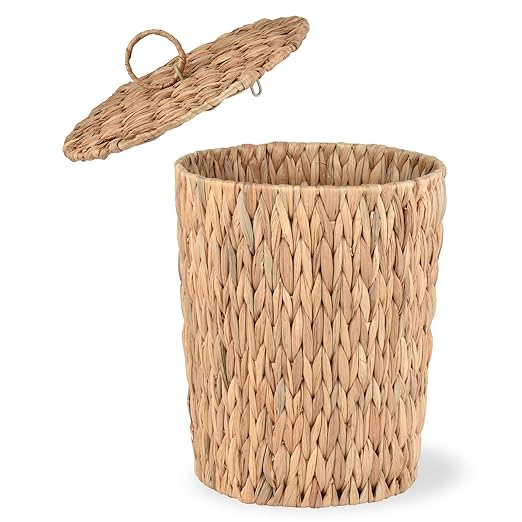 4 Gallons Wicker Trash Can with Lid - Bathroom Garbage Can - Boho Hand Woven Natural Water Hyacinth Wicker Waste Basket for Bedroom Living Room Home Office