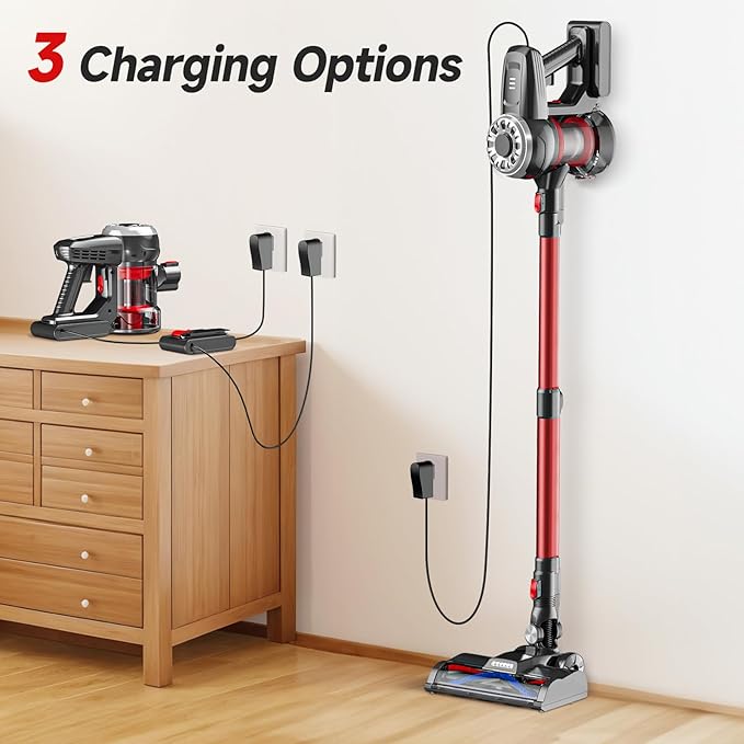 Cordless Stick Vacuum Red 45 Min Runtime LED Headlights 2-Speed Telescopic Tube with Main Vacuum Brush Crevice Tool dust Brush Removable-Rechargeable Battery Pack with Charging Cord
