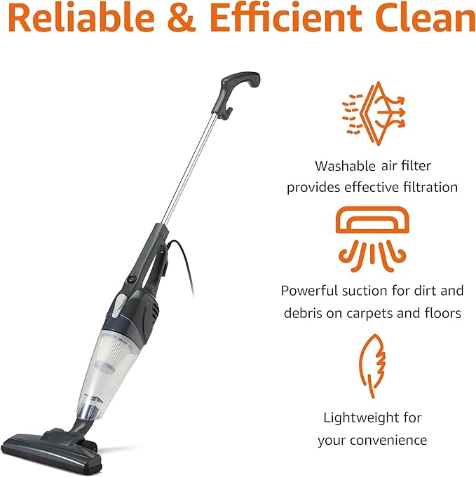 Amazon Basics 2-in-1 Corded Stick Vacuum Cleaner Converts to Handheld Lightweight (3.9 LBS) with Washable Filter Crevice Tools 0.5L Dust Cup Self-Standing 19.7-Ft Cord 300W Black