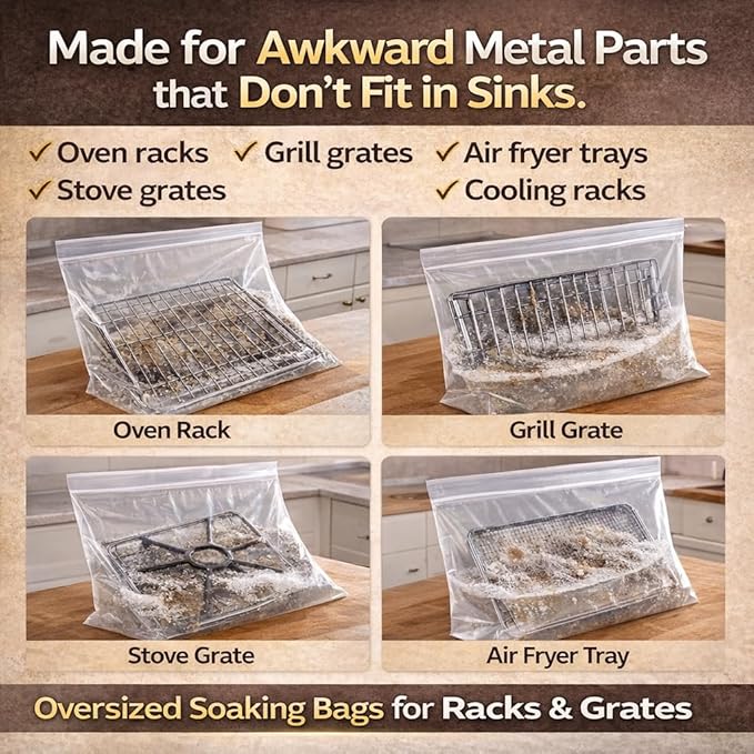 No-Scrub Oven Rack Metal Cleaning Bags 10 Pack Reusable Leakproof Soaking Bags for Grill Grates Air Fryer &amp Cooling Racks Oversized 27.5 x 19.6 in