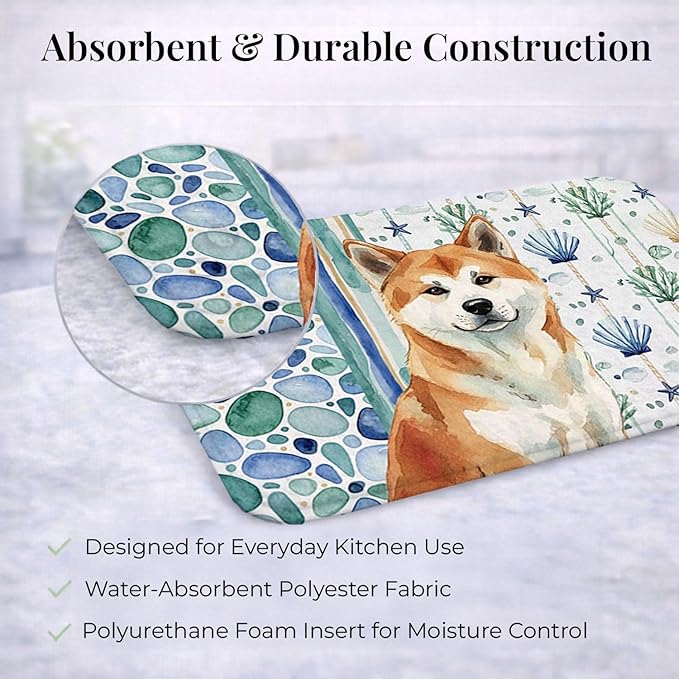 Caroline's Treasures Red Akita Coastal Sea Glass Dish Drying Mat Absorbent Dish Drying Mat Pad for Kitchen Counter Dish Drainer Mat for Countertop 14 x 21 Multicolor
