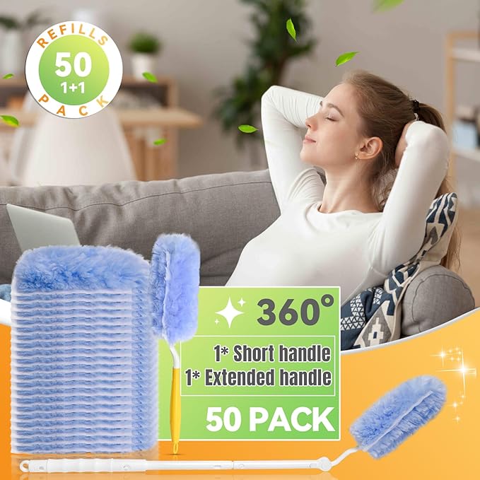 50 Pack 360° Dusters Refills Compatible with Swiffer Duster Handles Models Heavy Duty Double Sided Duster Refills with 1 Pack Extendable Longe Handle &amp 1 Short Handle