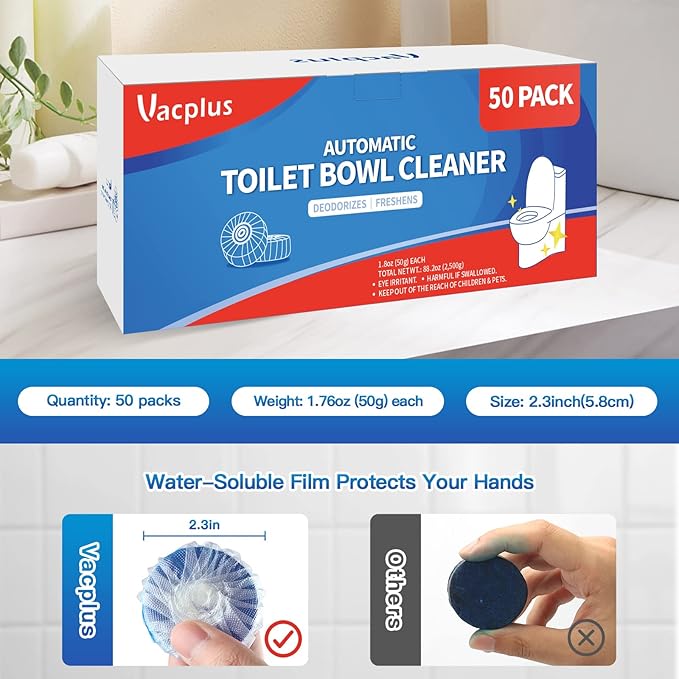 Vacplus Automatic Toilet Bowl Cleaner Tablets Drop-In Tank Cleaner for Bathroom Prevent Stains &amp Deodorize Long-Lasting Cleaning Tabs Easy-Use Freshener for Bowl &amp Tank 50 Pack