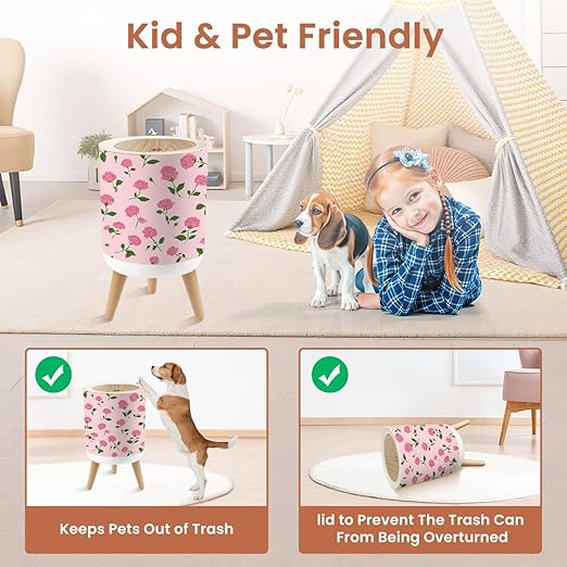 Bathroom Trash Can with Lid Coquette Roses Pink Seamless Design Garbage Bin Waste Basket for Kitchen Office Bedroom Decoration Diaper Pail 1.8 Gallon