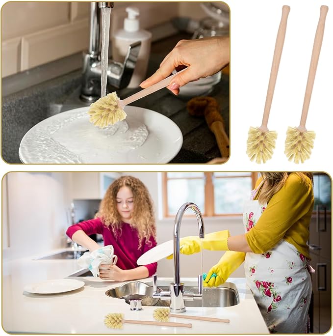 6 Pcs Natural Wood Dish Scrub Brush with Long Beechwood Handle Bristles for Cleaning Bottles Mugs Jars Glasses Dishes Vases Pitchers 13.6 x 2.6 Inches