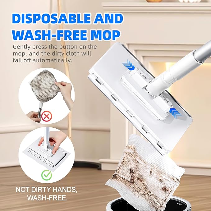 Snap-Grip Mini Mop with 39in Handle — INWEJIA Zero-Touch Gap Dust Cleaner &amp Locking Head Disposable Lazy Mop Wet and Dry for Kitchen Bathroom Toilet Corners Window Wall Cleaning