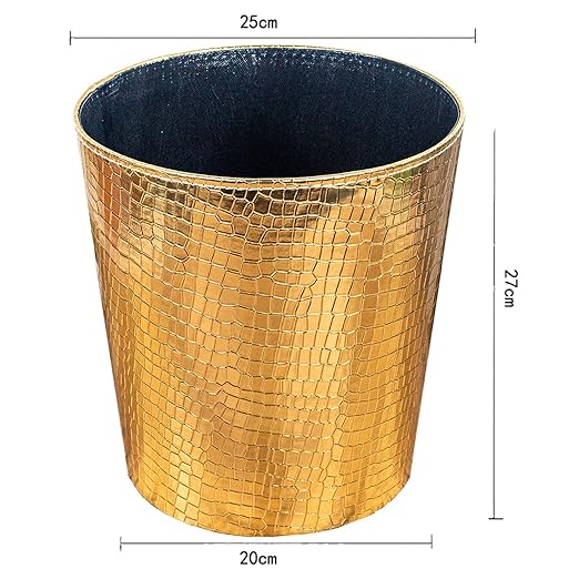 Leather Trash Can Decorative Waste Basket 10L Capacity Small Waste Paper Basket Waterproof Garbage Can for Bathroom Bedroom Office Kitchen and Living Room - Golden