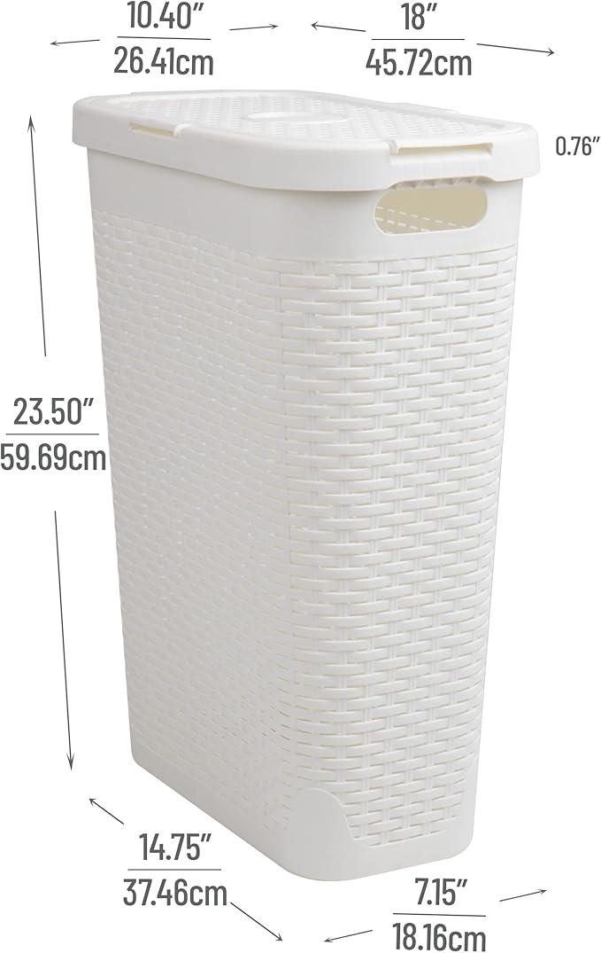 Mind Reader Slim Laundry Hamper with Lid 40L Clothes Basket Narrow Tapered Design with Ventilated Cutout Pattern Plastic White