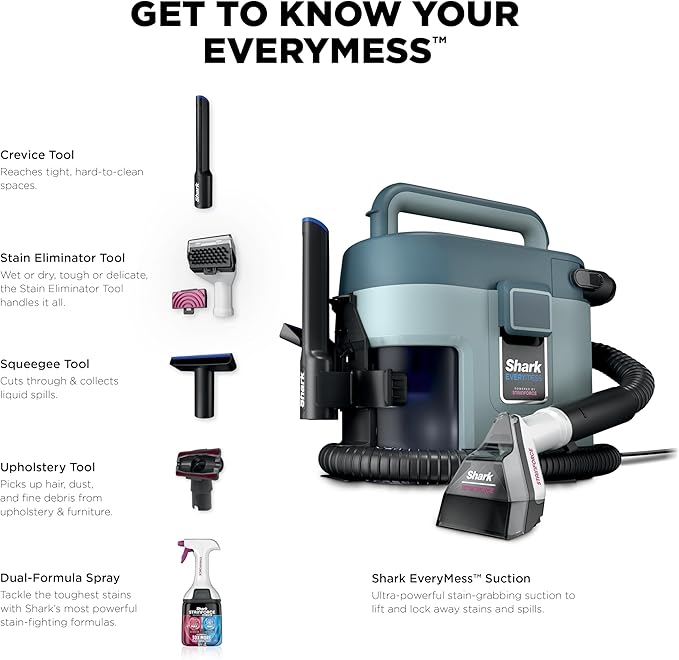Shark EveryMess Ultra-Powerful 3-in-1 Wet Vac Dry Vac &amp Stain Eliminator with StainForce Technology Perfect for Homes Pets and Cars 3 Accessories and Cleaning Solution Gray VX101