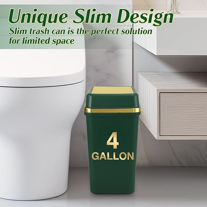 Bathroom Trash Can with Lid 4 Gallon Small Trash Can with Swing Lid Black/Navy Blue/Dark Green Bathroom Garbage Can with 225 Counts Trash Bags for Kitchen Bedroom Office