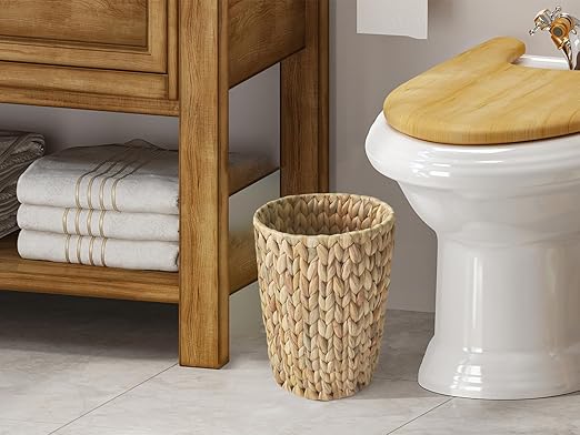 Wicker Trash CanSmall Bathroom Trash CanWater Hyacinth Wicker Waste Basket for BathroomBoho Waste Basket for BedroomHome OfficeCompact Spaces(2 Gallon Round)
