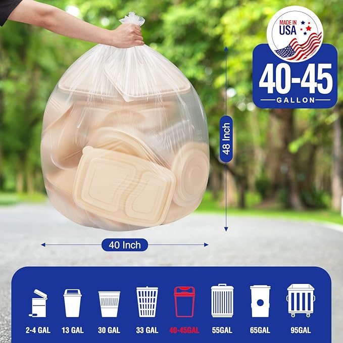 Delxo 40-45 Gallon Clear Trash Bags 250 Count – Medium Duty Garbage Bags Thick Durable &amp Puncture-Resistant Plastic – Made in USA for Kitchen Yard Office &amp Party