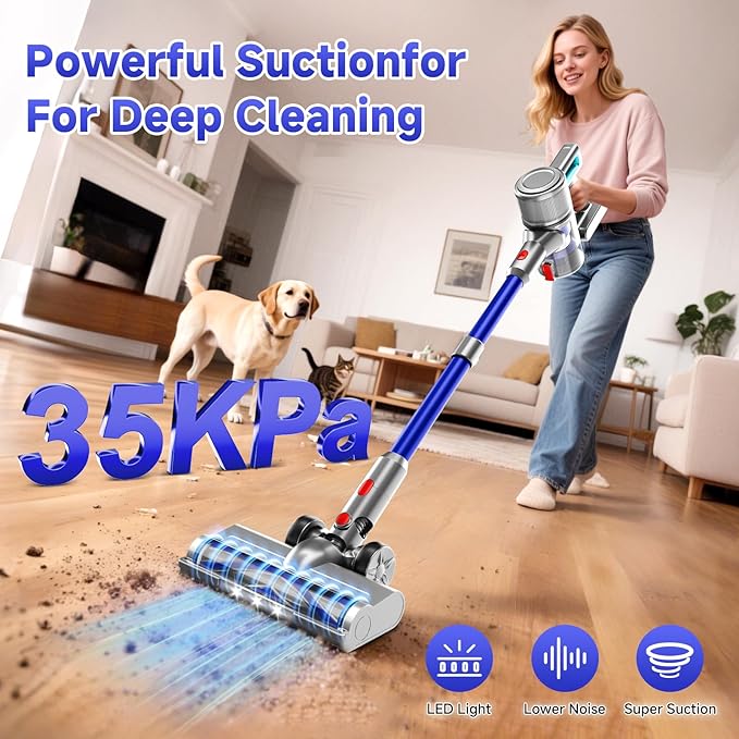 KIKETECH Cordless Vacuum Cleaner Stick Vacuum Cleaners for Home 6 in 1 Lightweight Vacuum for Pet Hair/Carpet/Floor (Blue)