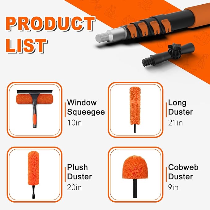 20FT Reach High Ceiling Duster Kit Window Cleaning kit with 3-12FT Extension Pole Fan Duster for Ceiling Fan Blades Microfiber Feather Duster Rotatable Window Squeegee and Cobweb Duster