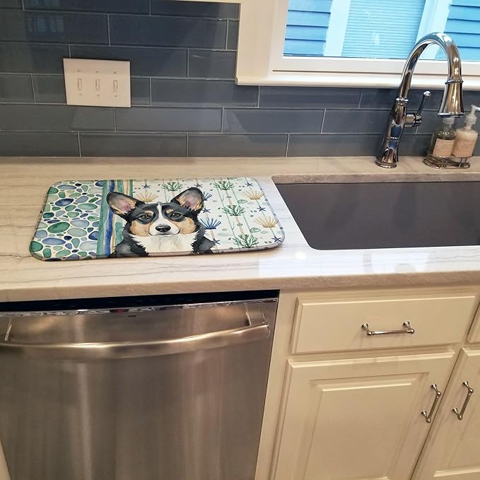 Caroline's Treasures Black and White Cardigan Welsh Corgi Coastal Sea Glass Dish Drying Mat Absorbent Dish Drying Mat Pad for Kitchen Counter Dish Drainer Mat for Countertop 14 x 21 Multicolor