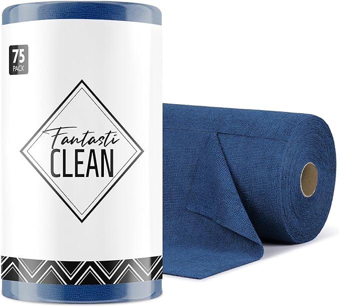 Fantasticlean Microfiber Cleaning Cloth Roll -75 Pack Tear Away Microfiber Towels 12 x 12 Reusable Washable Scratch Free Ultra Absorbent for All-Around Cleaning Supplies (Navy Blue)