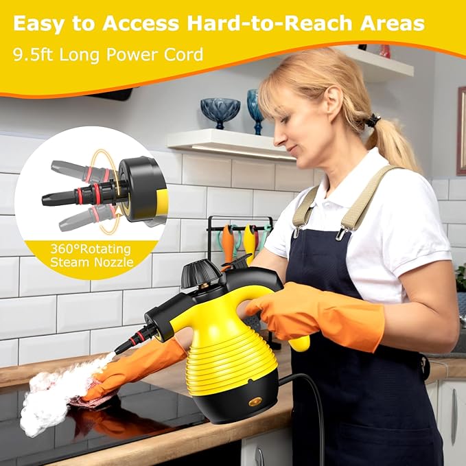 COSTWAY Handheld Steam Cleaner 1050W Portable Household Steamer with 9 Accessories 12 oz Water Tank Multipurpose Pressurized Steam Cleaning Machine for Floor Window Grease Grime (Yellow)