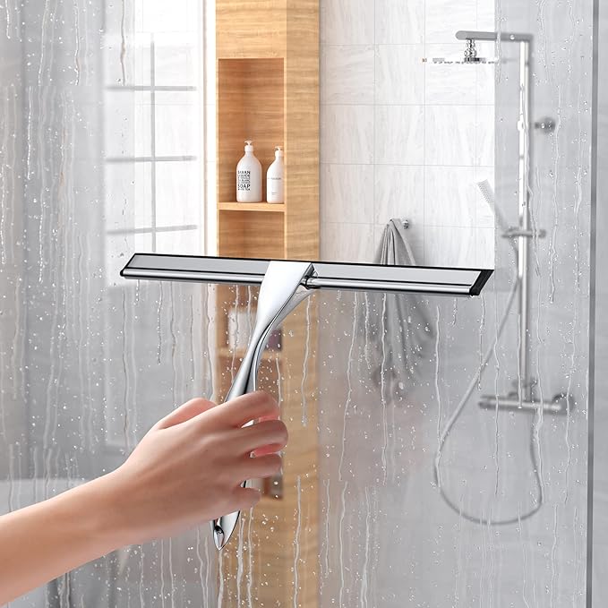 Shower Squeegee Set 10-Inch Stainless Steel Squeegee for Bathroom Shower Doors Mirrors Tiles and Car Windows - 100% Streak Free Includes Shower Door Hook Adhesive Hook and Spare Silicone Blade