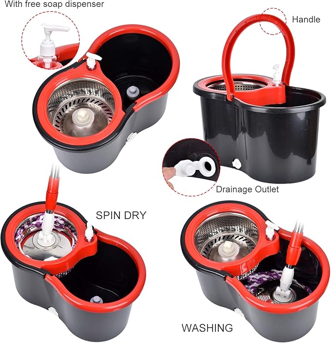 Mop and Bucket Set 360° Spin Mop and Bucket with Wringer Set and 3 Microfiber Mop Refills Stainless Steel 61 Extended Handle Spinning Mop Bucket System for Floor Cleaning