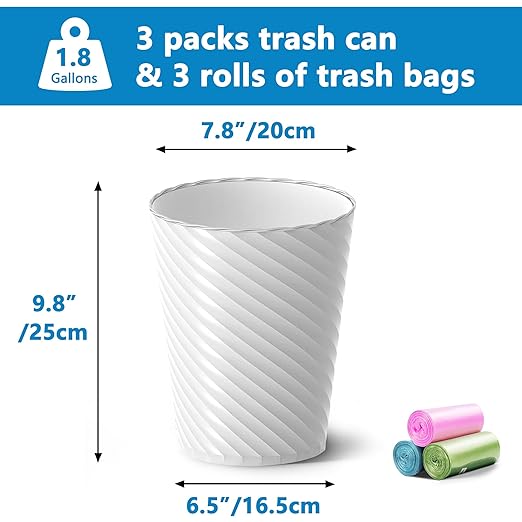 Lysam Bathroom Trash Can 8 Pack 1.8 Gallons Small Trash Can with Trash Bags Bathroom Garbage Can Plastic Trash Bin Round Waste Basket for Bedroom Office Kitchen Room Compact Space (White)