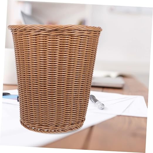 Rust-Resistant Iron Trash Can Woven Rattan Imitation Wastebasket Decorative Round Waste Bin for Office Home and Bedroom Handcrafted Design No Lid