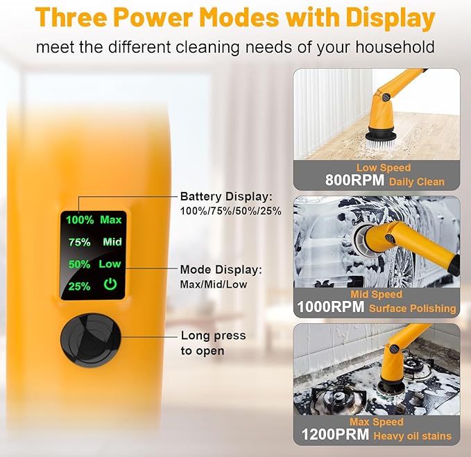 1500 RPM Electric Spin Scrubber for DeWalt 20V Battery Power Shower Scrubber for Bathroom/Floor/Bathtub/Toilet/TileElectric Cleaning Brush with Long Handle &amp 8 Replaceable Brush (Yellow)