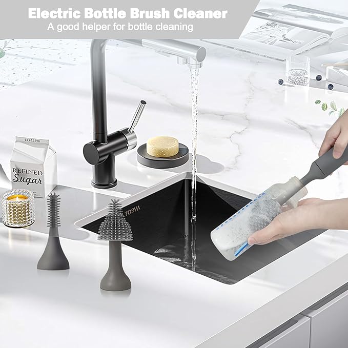Electric Baby Bottle Brush Set with Rechargeable Electric Bottle Brush Cleaner and Replaceable Silicone Bottle Brushes and Straw Brush Cleaner Waterproof Multi-Purpose Cleaning Brush（Grey）