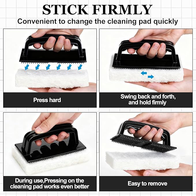 Maxdot 18 Pcs Handled Bath Scrubber Set 15 Bathroom Scouring Pad 3 Bathtub Scrubber with Handle Non Scratch Soap Scum Remover for Cleaning Sink Shower Tile Swimming Pool Step Corner (Black and White)