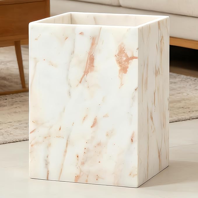 Small Marble Rectangular Trash Can 1.9 Gallon/7.2 Liter Garbage Bin Decorative White Gold Marble Wastebasket Mini Tiny Waste Basket for Bathroom Bedroom Home Office Laundry Room Kitchen