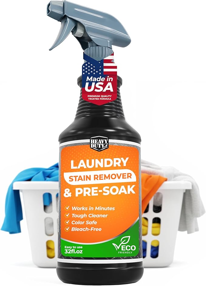 Heavy Duty Laundry Stain Remover &amp Pre-Soak Spray - 32 fl oz - Industrial Strength Fabric Spot Cleaner - Removes Oil Blood Urine Pet Grass Sweat - Pre-Wash Treatment - Color Safe Non-Bleach