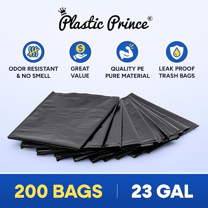 23 Gallon Trash Bags 1 Mil Black Waste Bags Fits Slim Jim 23 Gal Trash Cans 29 x 44 Tall Garbage Trash Can Liners 200 Pack
