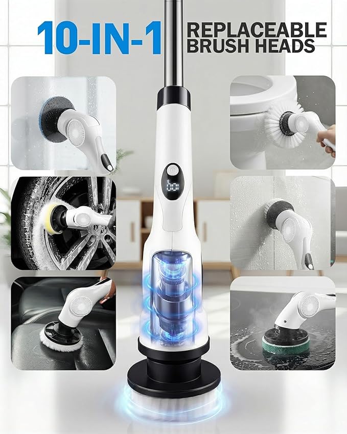 Electric Spin Scrubber 3-Speed Cordless Shower Scrubber with Long Handle &amp 10 Replaceable Brush Heads 90 Mins Runtime &amp Full-Body IPX7 Waterproof Shower Cleaner Brush for Bathroom Kithchen
