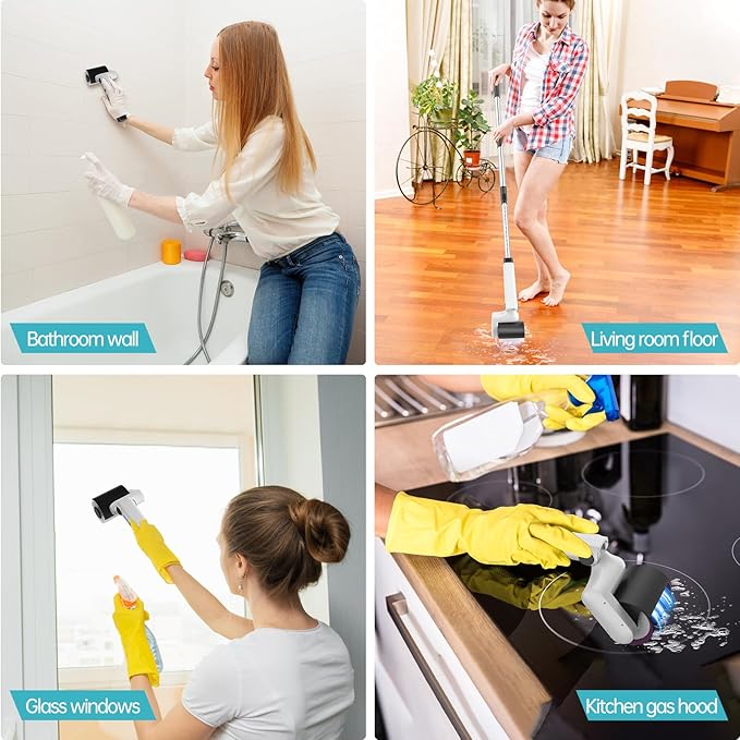 Roller Electric Spin Scrubber - 2-Speed Waterproof Cordless Power Cleaning Brush 4 Multi-Purpose Brush Heads &amp Telescopic Pole for Deep Floor Bathroom Furniture Glass &amp Car Cleaning