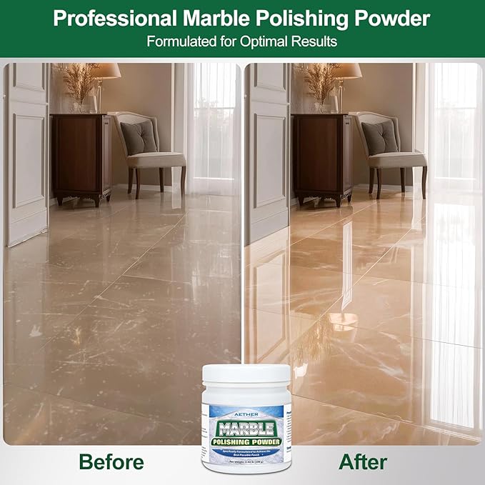 AETHER Marble Polishing Powder Restore Shine Remove Water Stains Scratches Rings Etches Professional Stone Polishing &amp Cleaning Powder for Marble Stone Granite Quartz Tile Floor Countertop Surfa