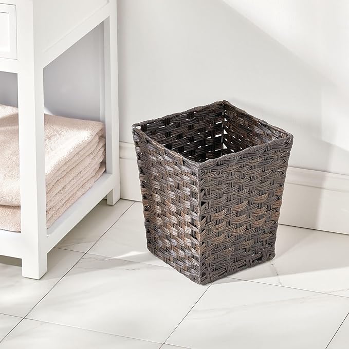 mDesign Small Woven Basket Trash Can Wastebasket - Square Garbage Container Bin for Bathrooms Kitchens Home Offices Craft Laundry Utility Rooms Garages - Espresso Brown