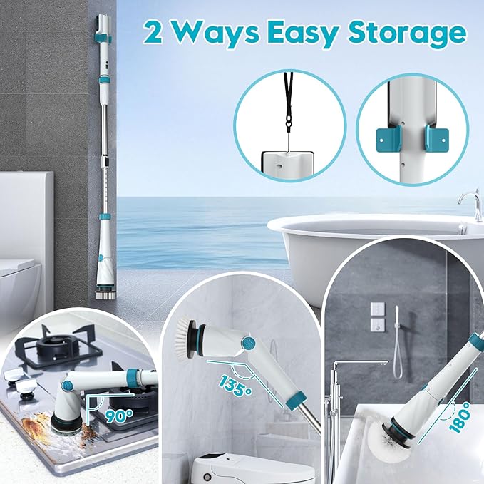 Battery Electric Scrubber for Cleaning Bathroom1200RPM 21V Spin Scrubber Electric Spin Brush for Cleaning 50'' Cordless Power Shower Scrubber W/ 8 Brushes for Grout Tile Tub Floor
