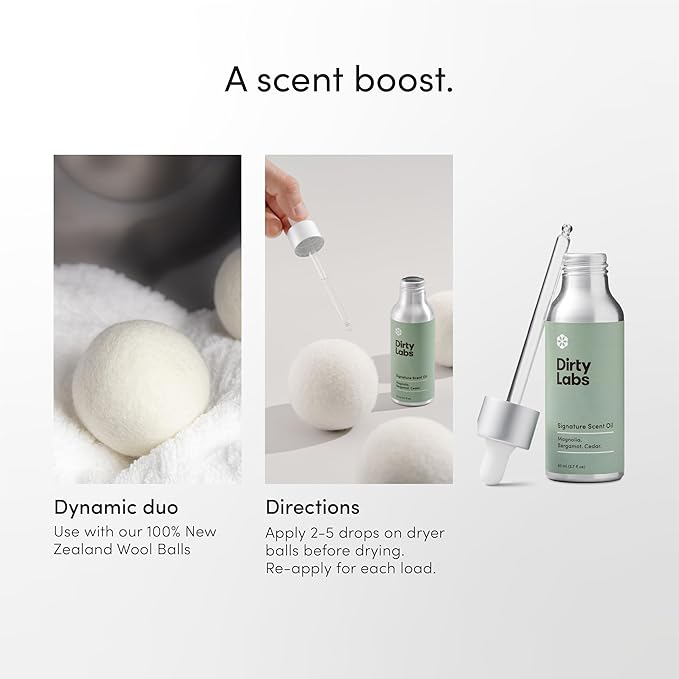 Dirty Labs | Signature Scent | Laundry Fragrance Oil and Glass Dropper | 80mL (2.7 fl oz) | Magnolia Bergamot and Cedar Blend | Laundry Scent Booster | Pairs with Dryer Balls | Hypoallergenic