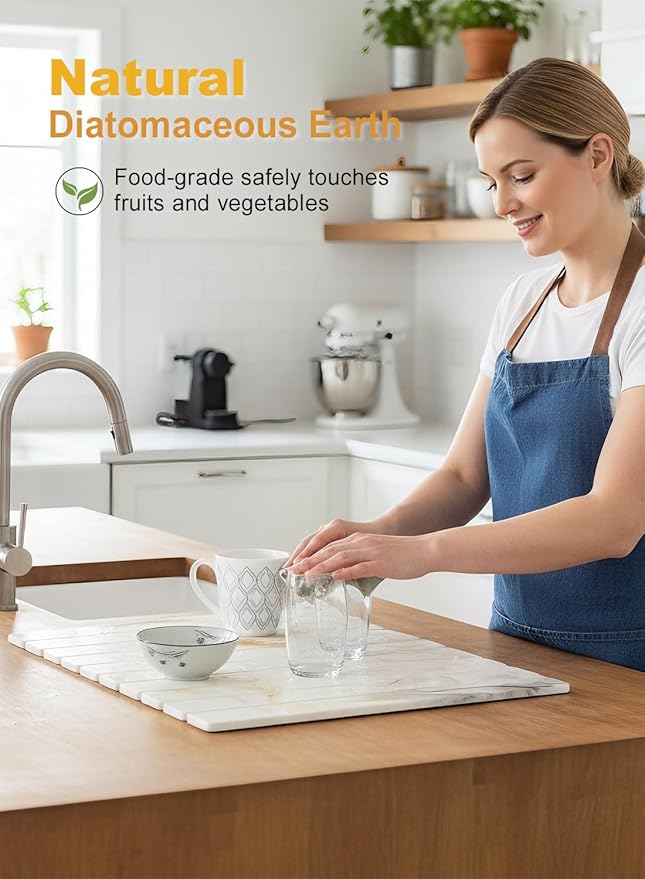 Large Stone Drying Mat for KitchenCounter24(L)×16(W)Collapsible Absorbent Diatomaceous Earth Dish Drying MatQuick-Dry Draining Mat for Dishes Cookware Bottles Cups Match Any Countertop