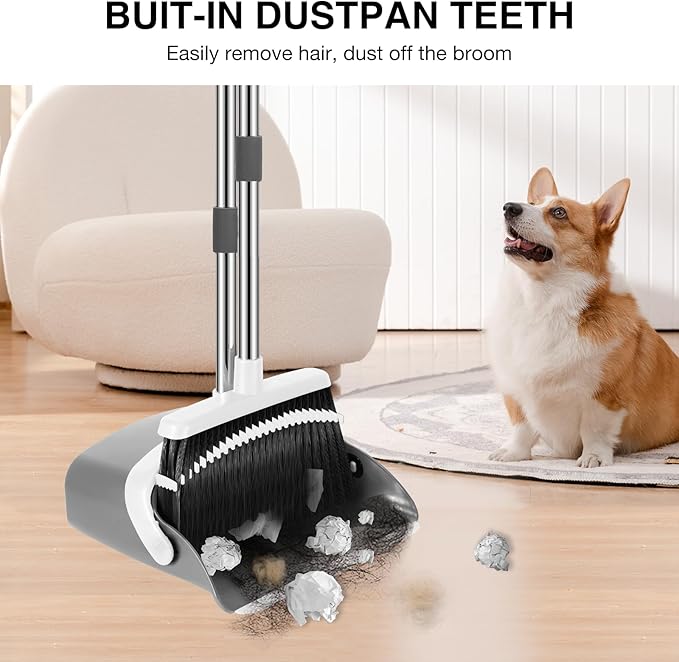 NACENA Broom and Dustpan Set 52-in Long Adjustable Handle Broom Dustpan Combo with Dustpan Teeth to Automatically Clean Hair Suitable for Home Kitchen Office Hall Floor (Grey&ampWhite) 2 Pack