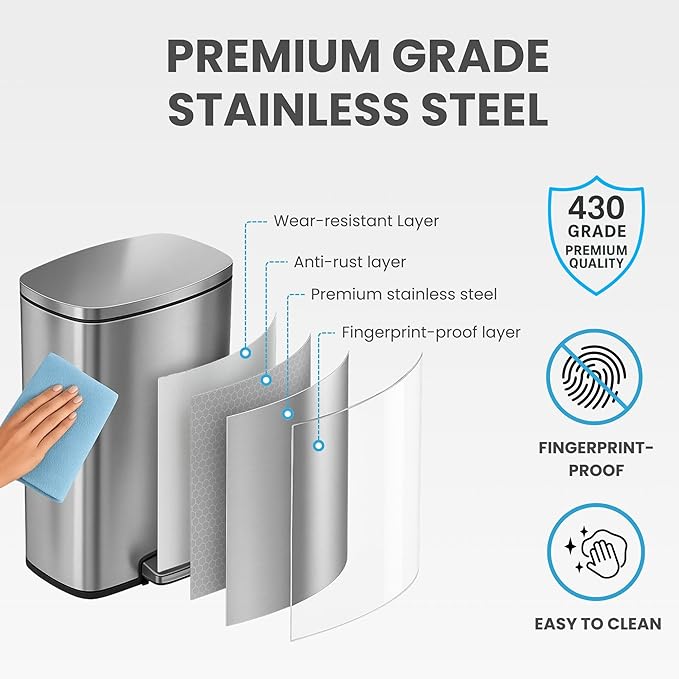 iTouchless 13.2 Gallon SoftStep 2.0 Kitchen Trash Can with AbsorbX Odor Absorber Large Stainless Steel Step Pedal Garbage Bin with Next Gen Quiet Close Lid Technology for Home Office Business Garage