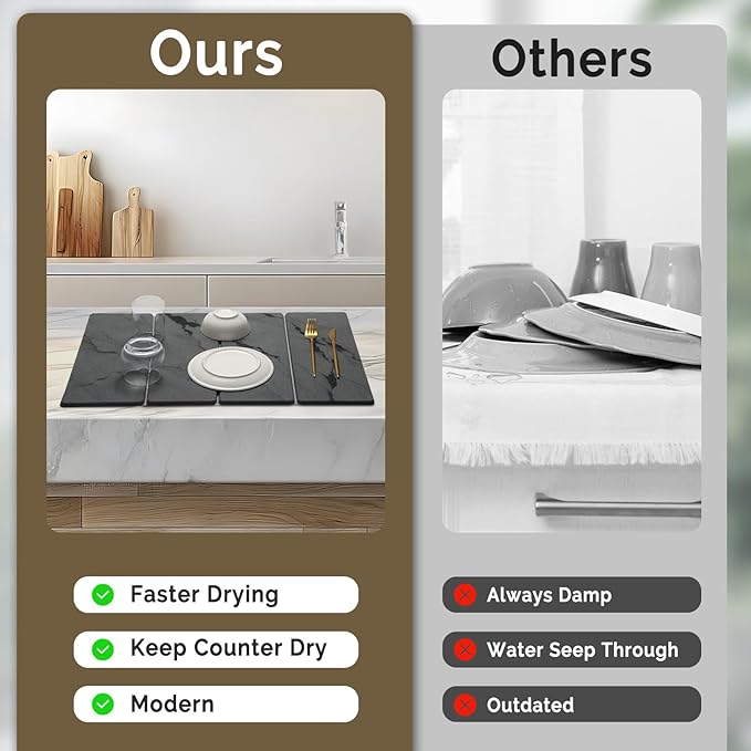 Large Stone Dish Drying Mat for Kitchen Counter 2 PCS Quick Dry Stone Mats Foldable Water Absorbing Diatomaceous Earth Drying Dishes Pad for Countertop Bottles Utensils Cup(Dark gray 24x16&amp8x