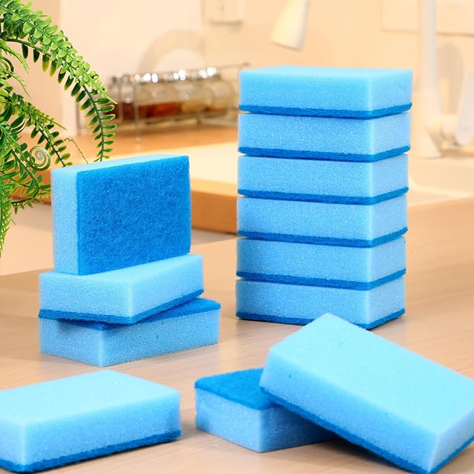 Tioncy 100 Pcs Individually Wrapped Sponges Kitchen Bulk Blue Dish Non Scratch Scrub Sponges Dual Sided Cleaning Dish Scrubber for Washing Dishes Pots Pans Sinks Stoves Appliances Car Bike